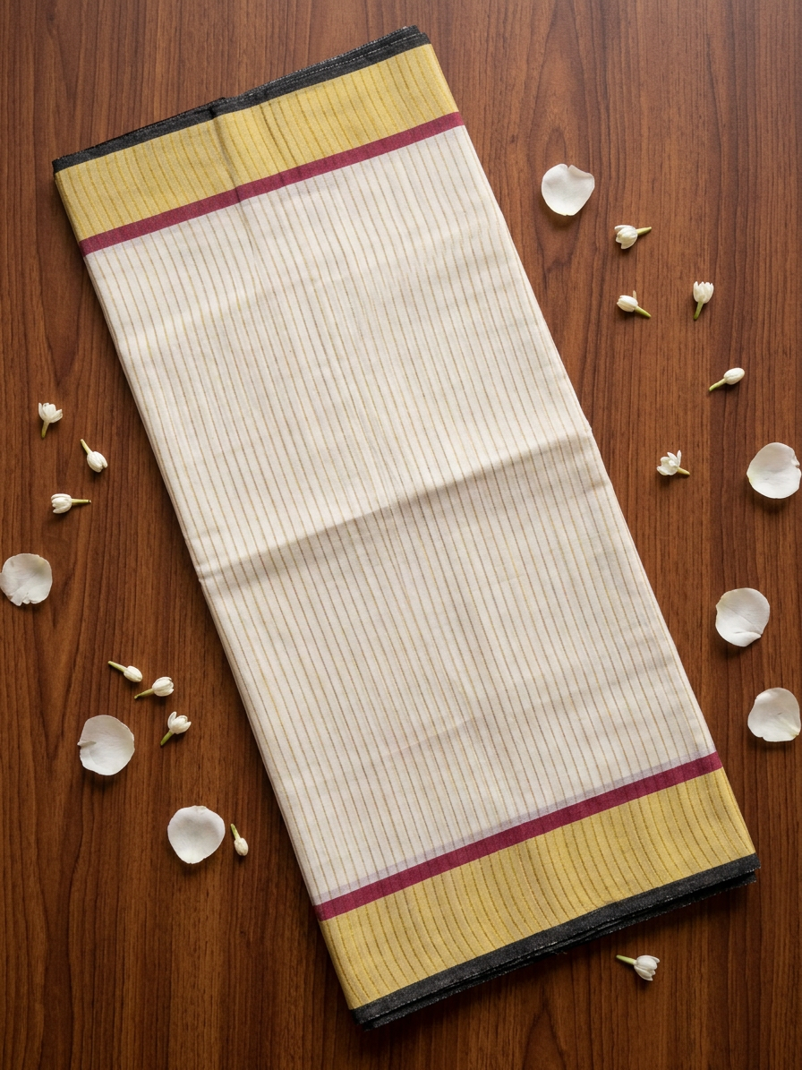 Off-White Cotton Saree with Fine Gold Zari Stripes, Resplendent Broad Gold Border, and Striking Black and Maroon Edge Detailing