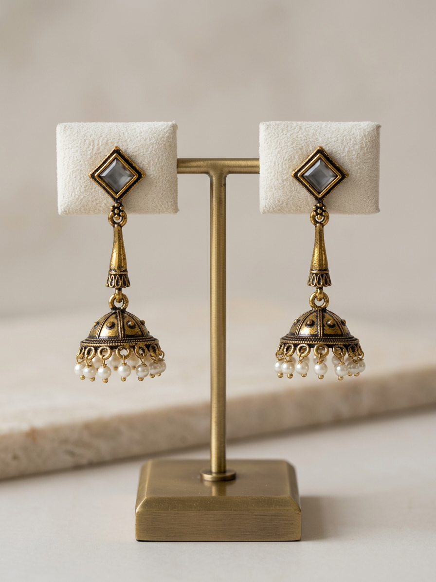 Rhombus Stone Antique Gold Pearl Jhumka Earrings