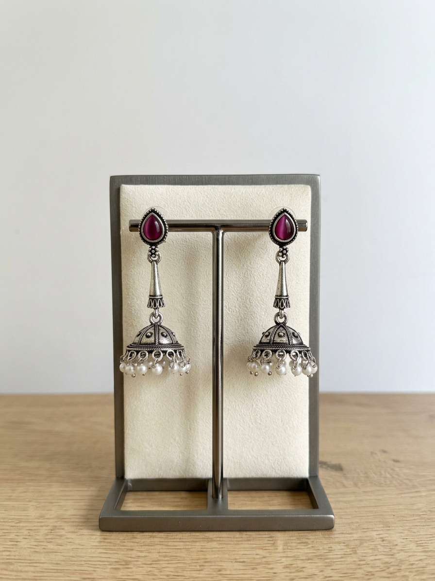 Teardrop Stone Oxidised Silver Pearl Jhumka Earrings