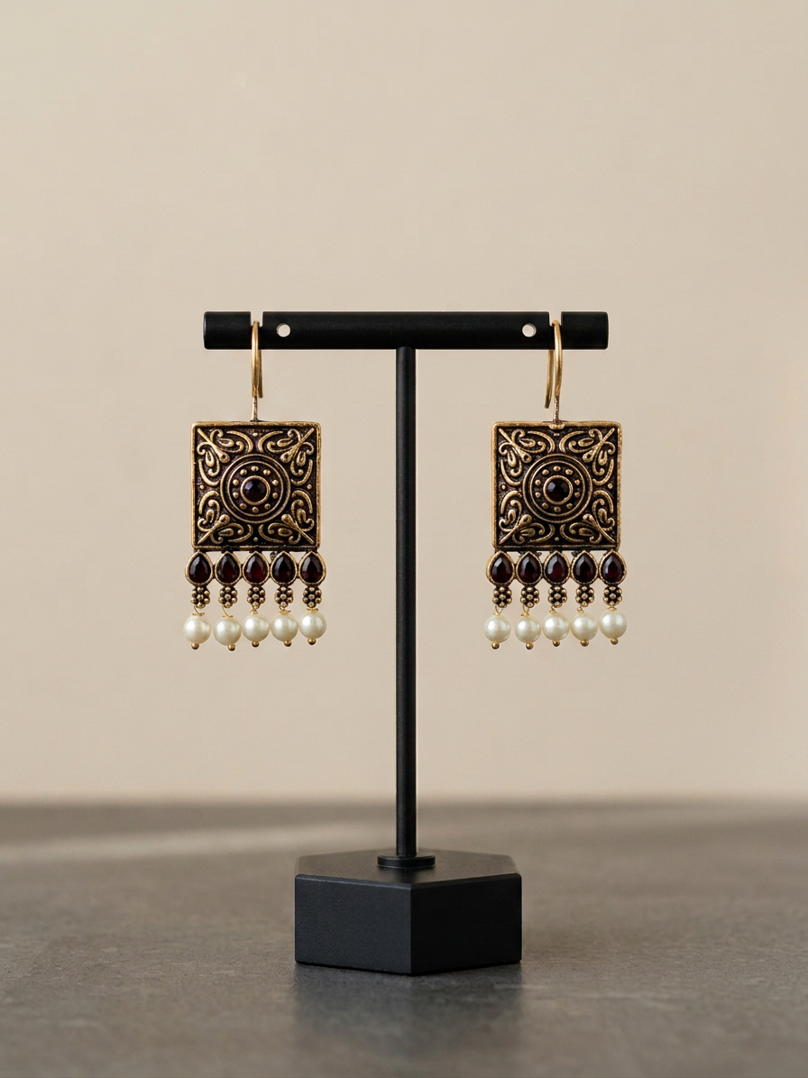 Square Carved Antique Stone & Pearl Wire Earrings