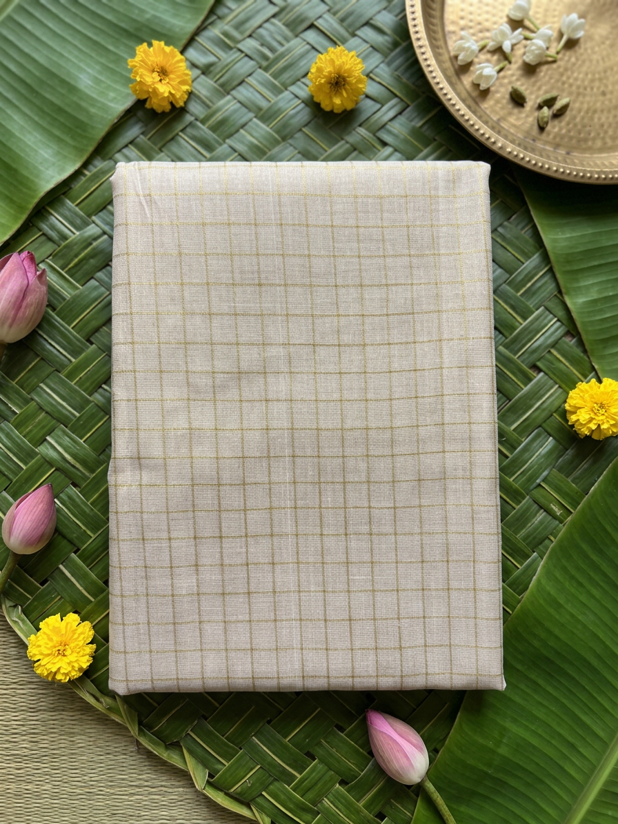 Devika Golden Check Tissue Saree with Bold Mocha & Gold Border