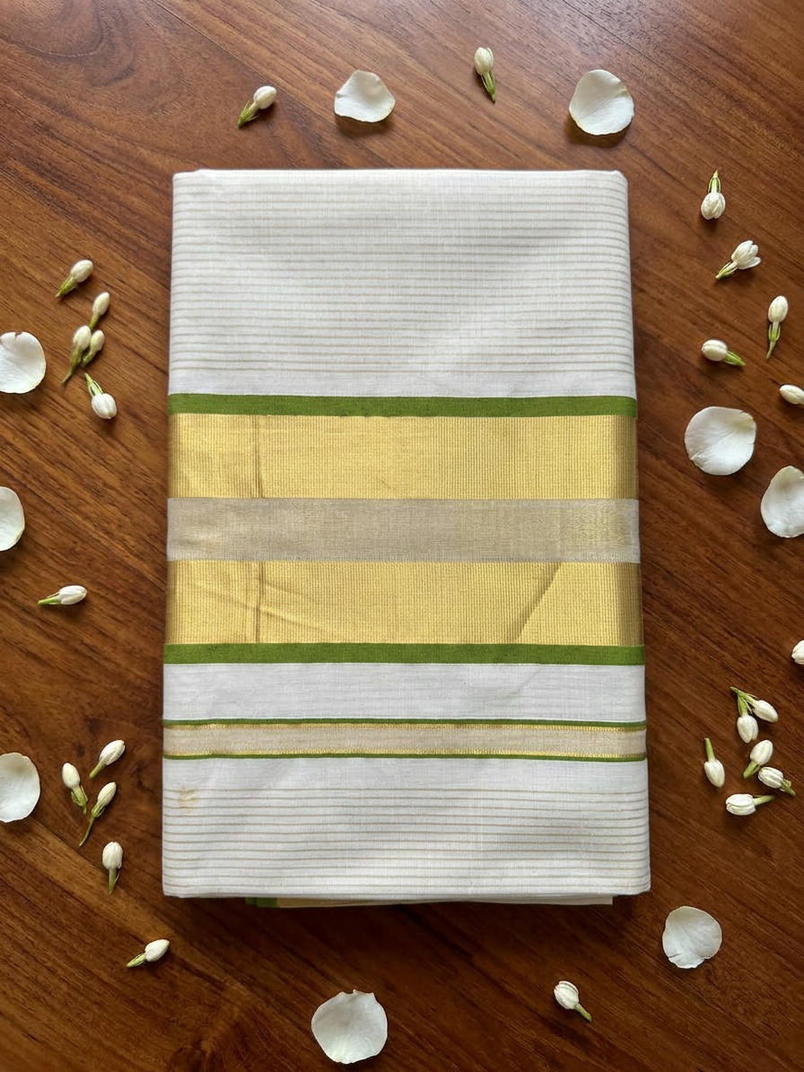 Off-White  Cotton Saree with Fine Woven Stripes, Resplendent Broad Gold Zari Border, and Striking Green Edge Detailing