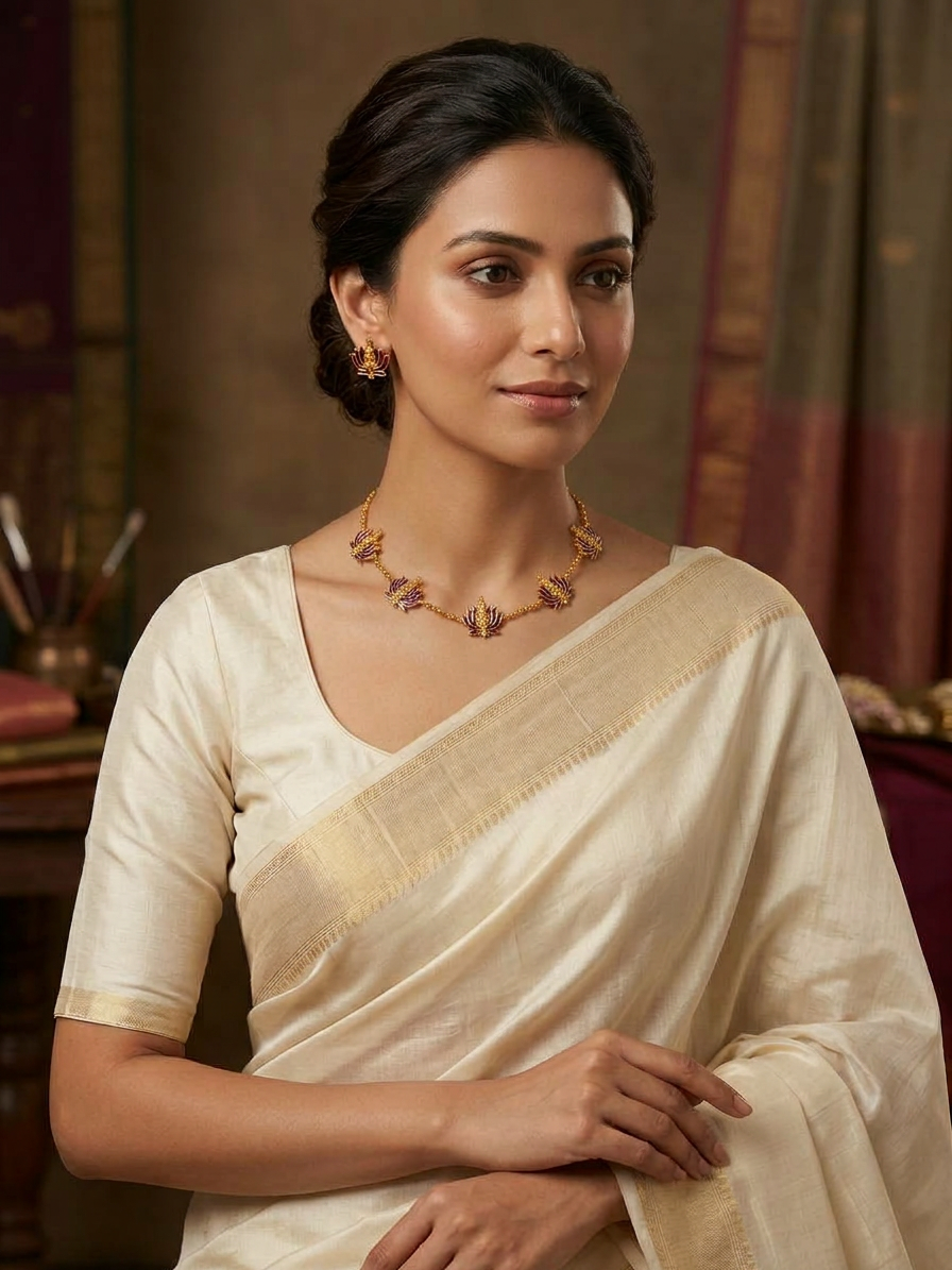 Minimalist Gold Enamel Lotus Necklace Set