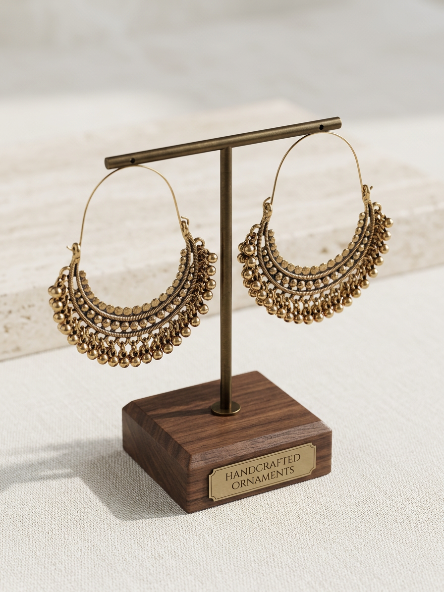 Antique Brass Beaded Crescent Hoop Earrings