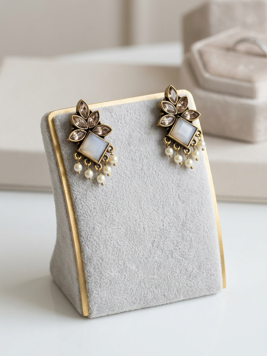 Geometric Diamond Stone & Pearl Antique Stud Earrings
