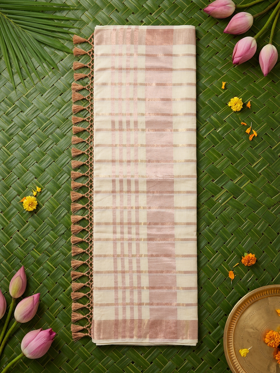 Kaira Rose Gold & Ivory Striped Tissue Saree with Macrame Tassels