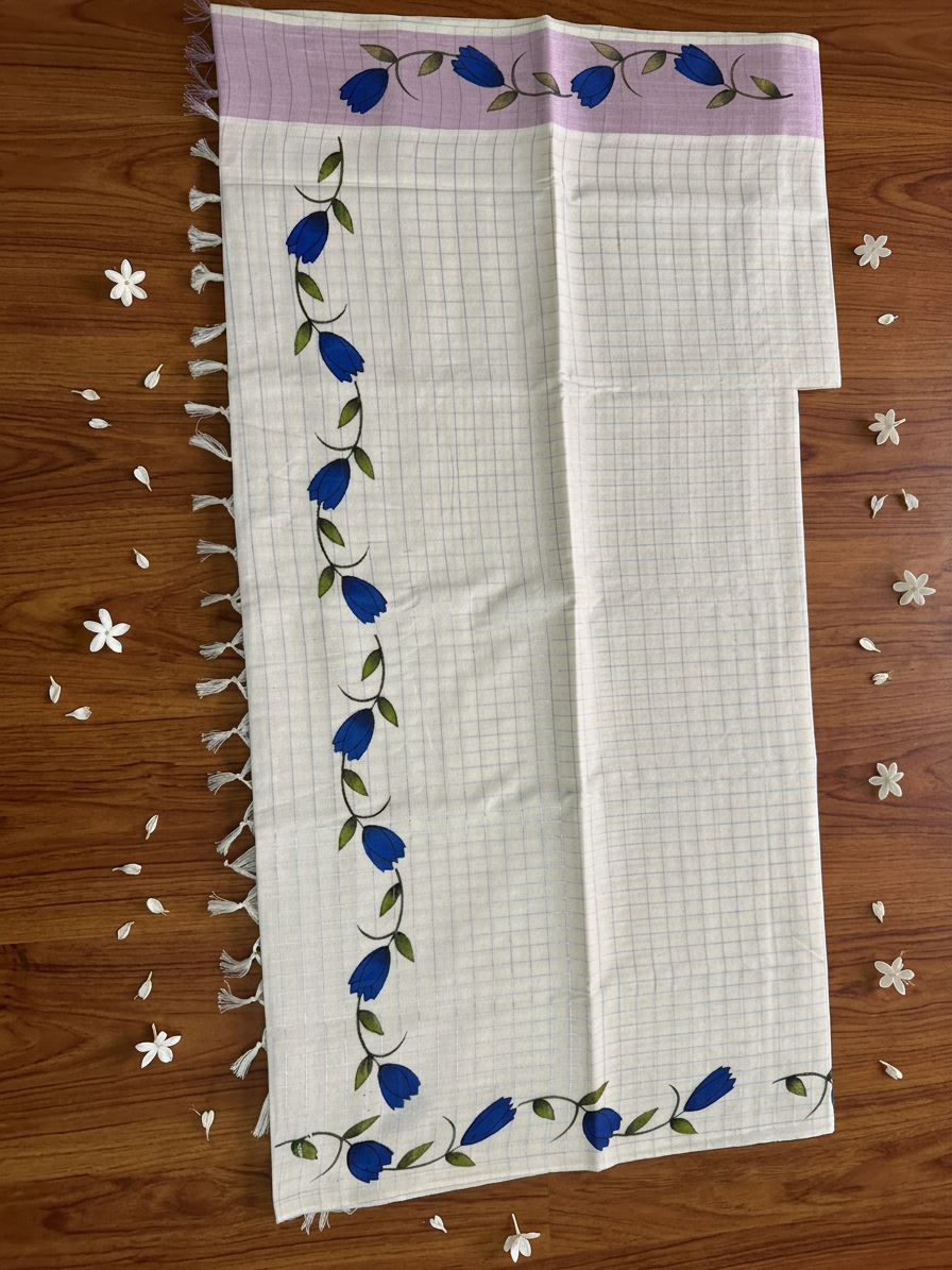 Off-White Cotton Saree with Subtle Micro-Check Weave, Artisanal Blue Floral Vine Motifs, Pastel Lavender Pallu Accent, and Hand-Knotted Tassels