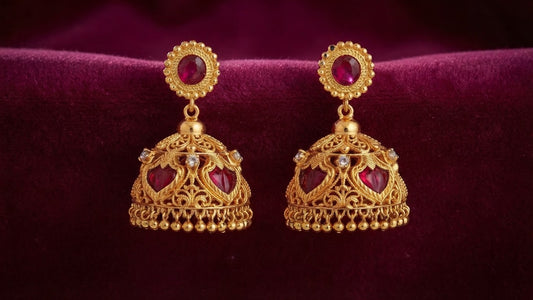Traditional Gold-Plated Red Palaka Royal Jhumka Earrings