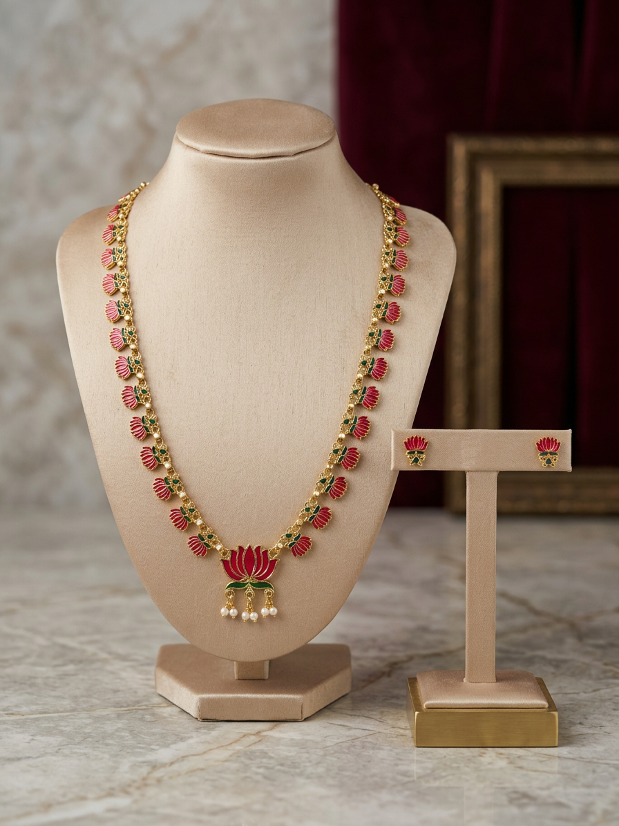 Gold Enamel Lotus Long Haram & Earring Set