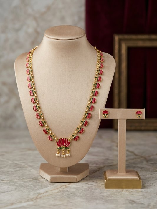 Gold Enamel Lotus Long Haram & Earring Set