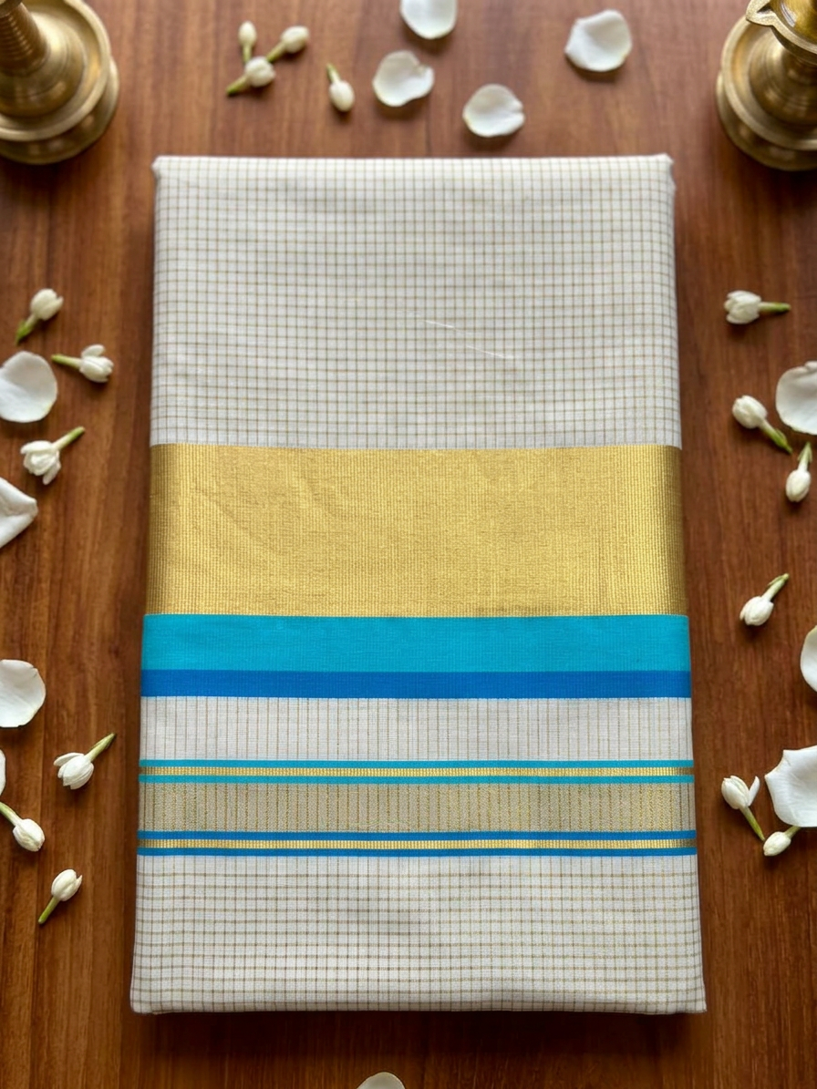 Off-White Cotton Saree with Gold Micro-Checks, Resplendent Broad Gold Zari Border, and Striking Turquoise Blue Edge Detailing