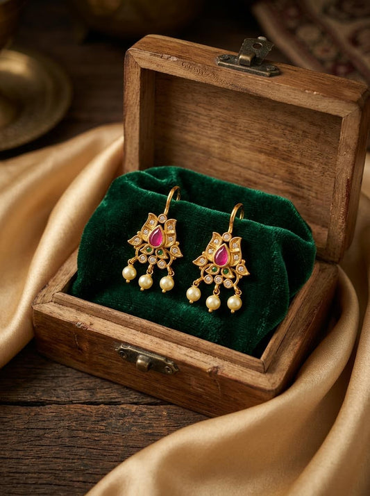 Traditional Antique Gold Floral Lotus Clip-On Bugadi (Helix Earring) with Ruby & Pearls