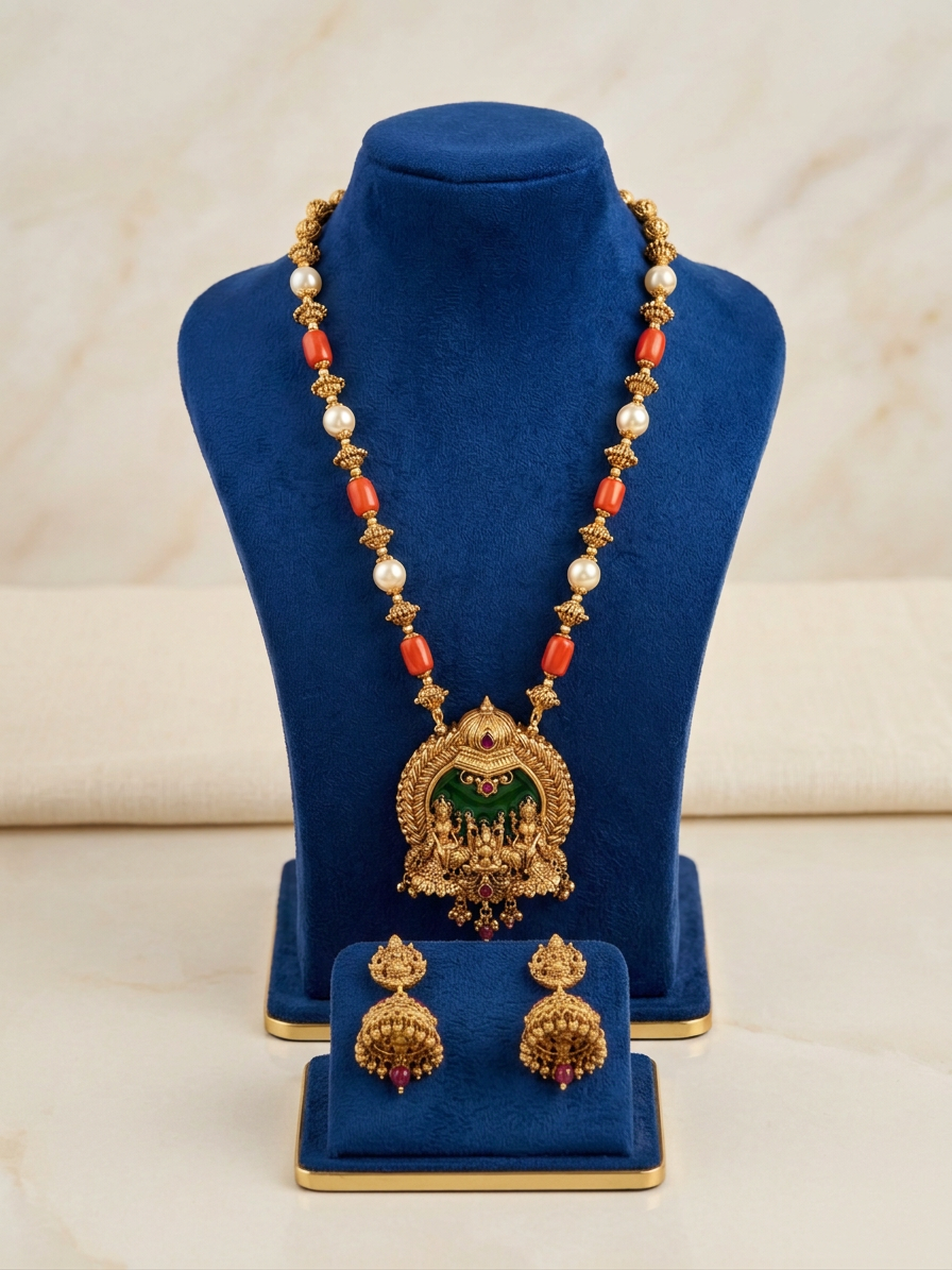Antique Gold Temple Haram Necklace Set with Jhumkas