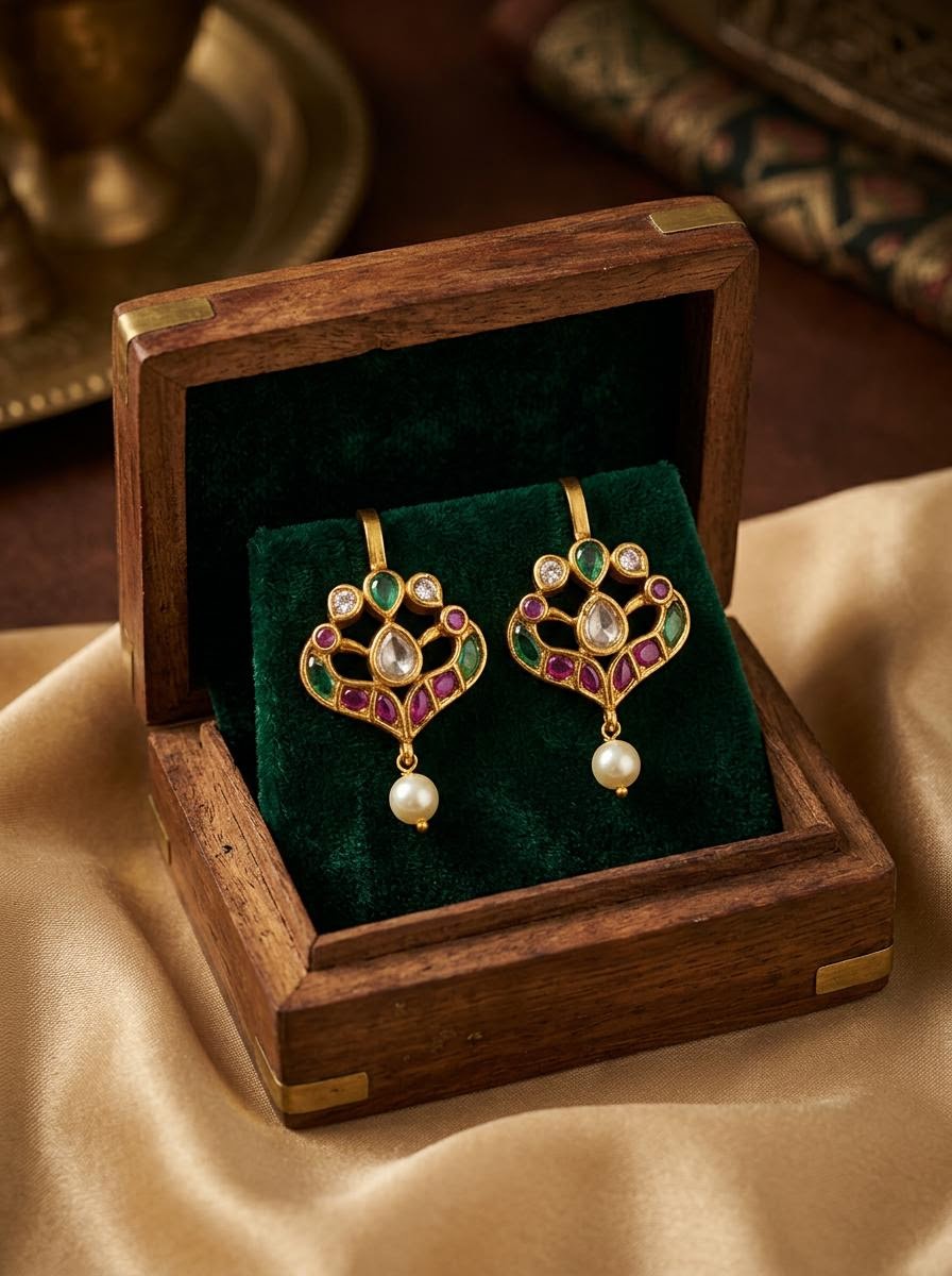 Traditional Antique Gold Ornate Chandelier Motif Clip-On Bugadi with Multicolor Stones & Pearl Drop