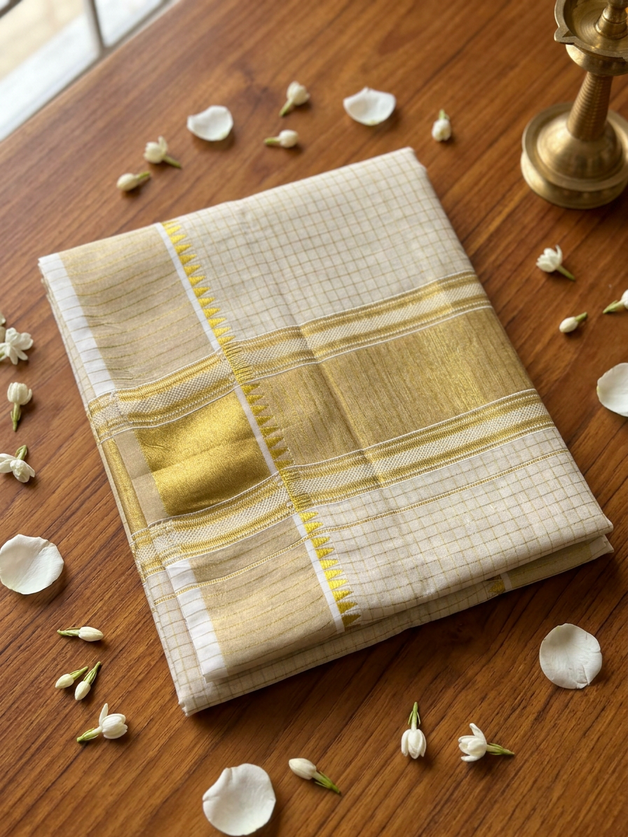 Golden Grid Kattam Kasavu Saree with Temple Border