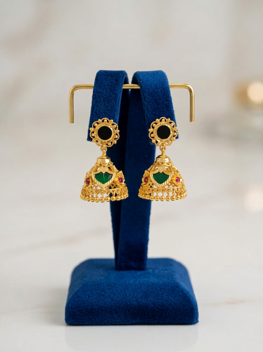 Traditional Kerala Gold Black Stud & Green Palakka Jhumka Earrings