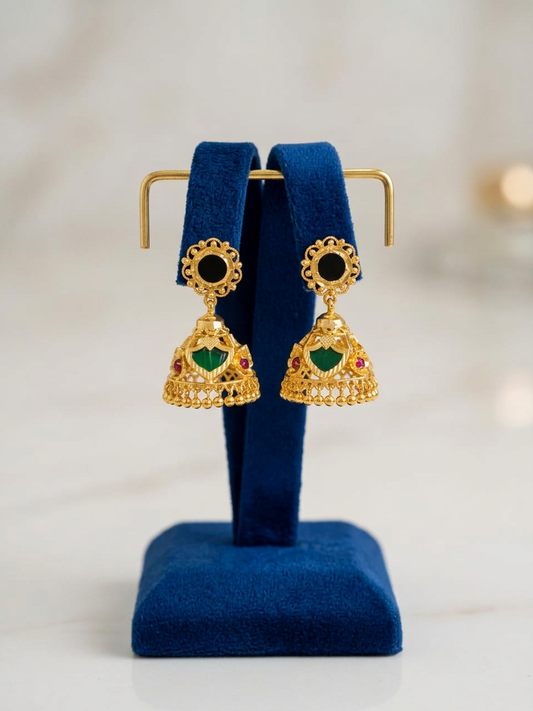 Traditional Kerala Gold Black Stud & Green Palakka Jhumka Earrings