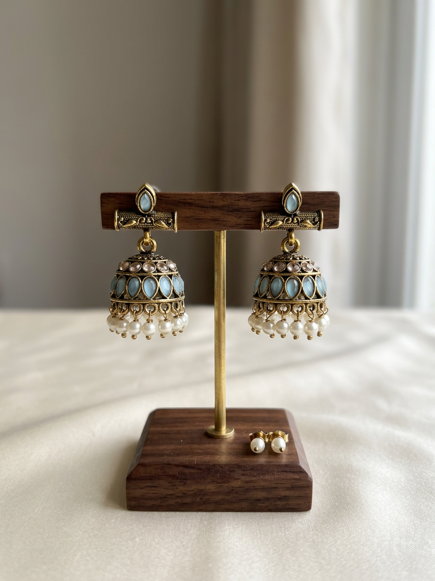 Aarohi Antique Gold Kemp Stone Jhumkas with Pearl Drops
