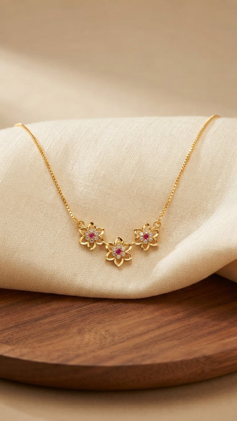 Minimalist Gold & CZ Triple Floral Cluster Necklace