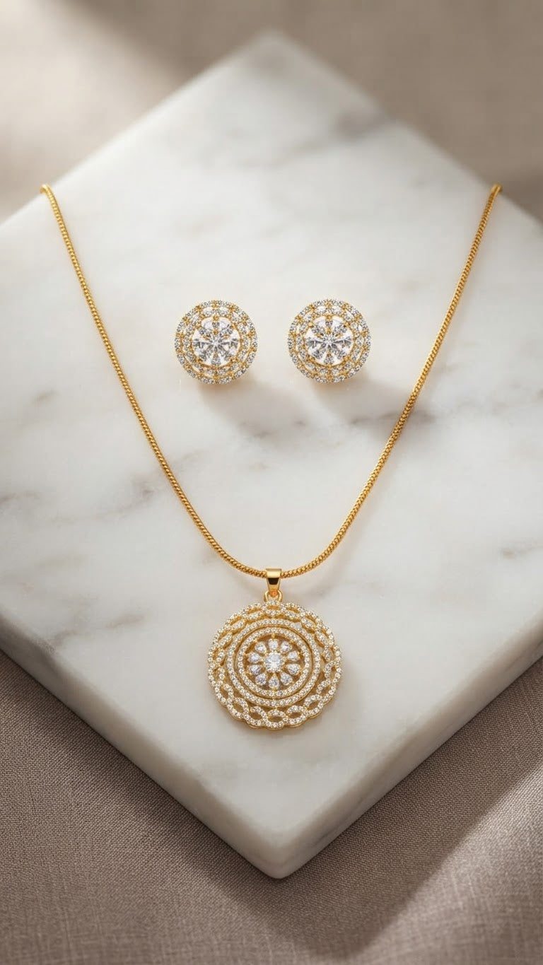 Elegant Gold & CZ Floral Mandala Pendant Set