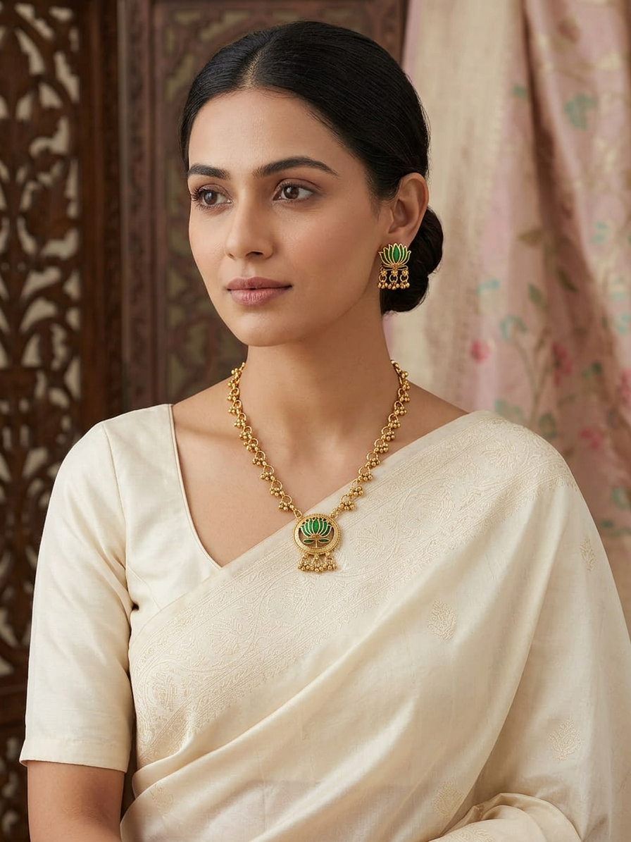 Elegant Gold Enamel Lotus Motif Necklace Set