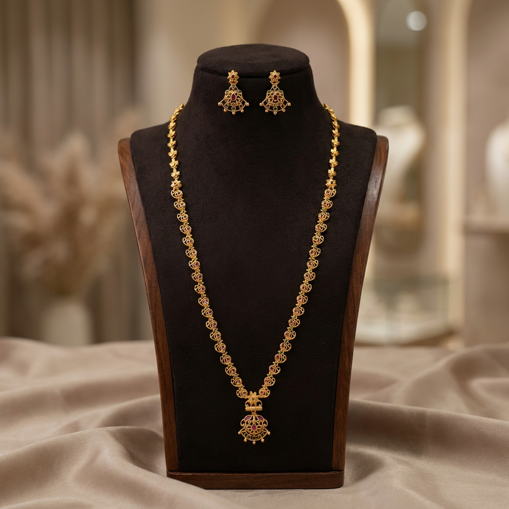Antique Ruby & Emerald Gold Haram Set with Matching Drop Earrings