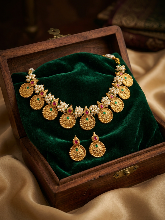 Antique Gold Lakshmi Coin & Pearl Necklace Set