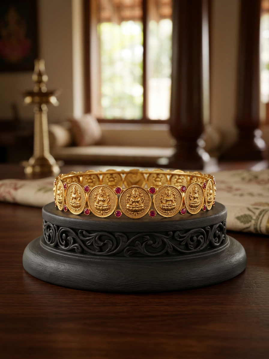 Antique Gold Lakshmi Kasu Bangle with Ruby Accents(Single Piece)