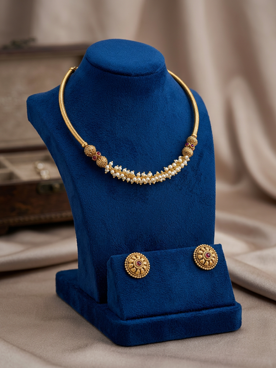 Gold Pearl Cluster & Ruby Collar Necklace Set