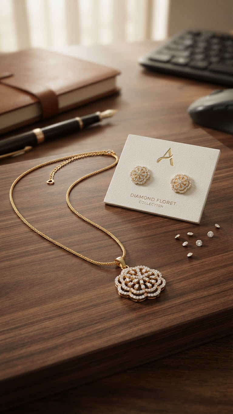 Elegant Gold & CZ Floral Pendant Set
