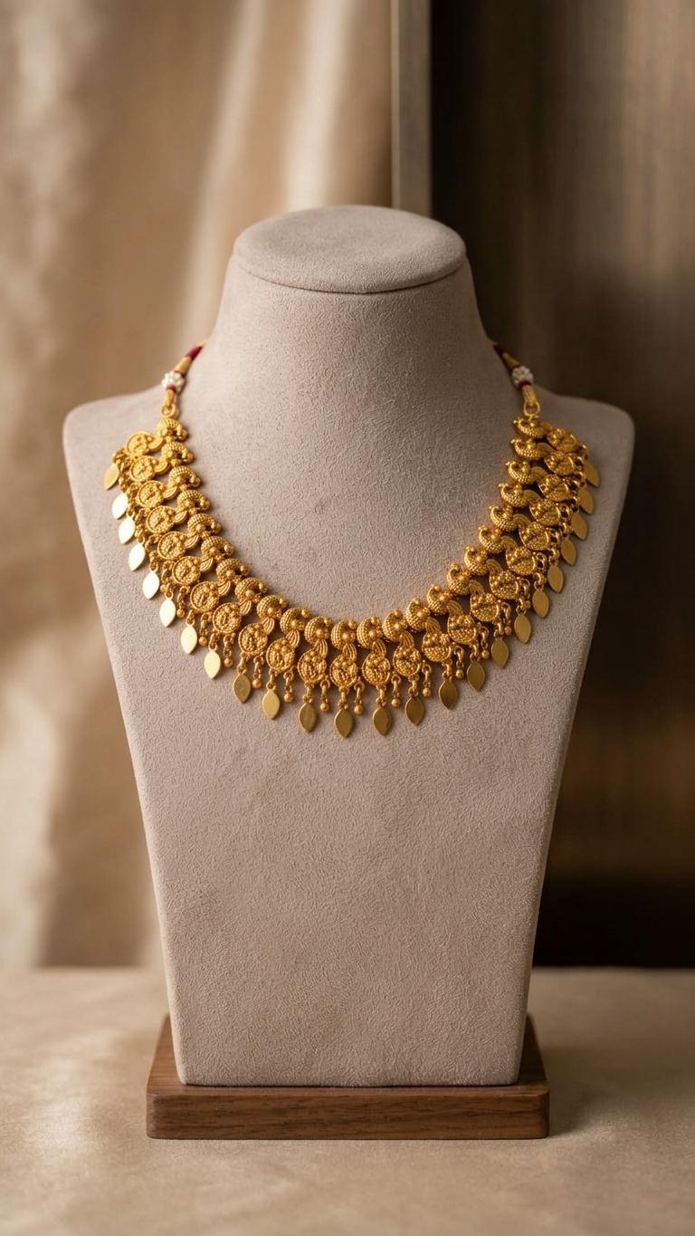 Traditional Matte Gold Floral Peacock Leaf Drop Necklace Set