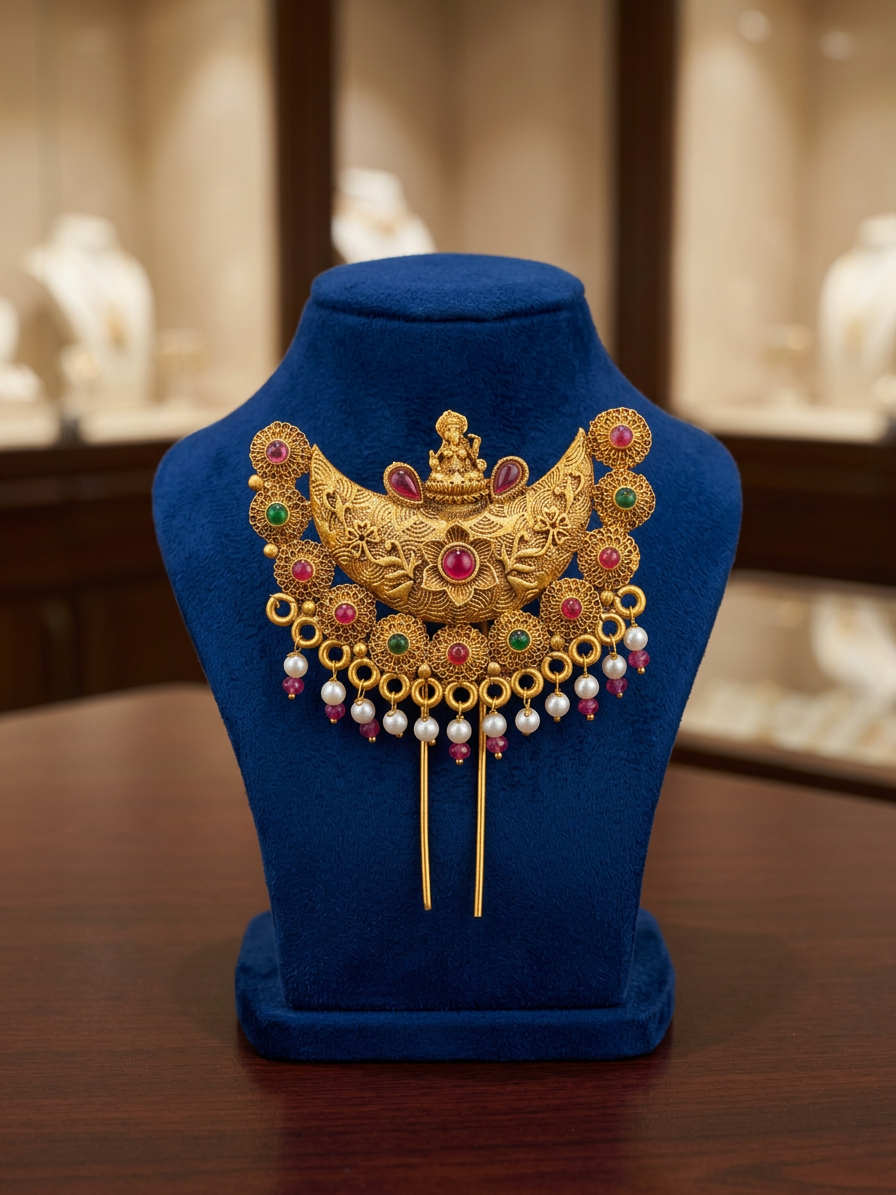 Antique Gold Lakshmi Crescent Hair Pin with Pearl Drops