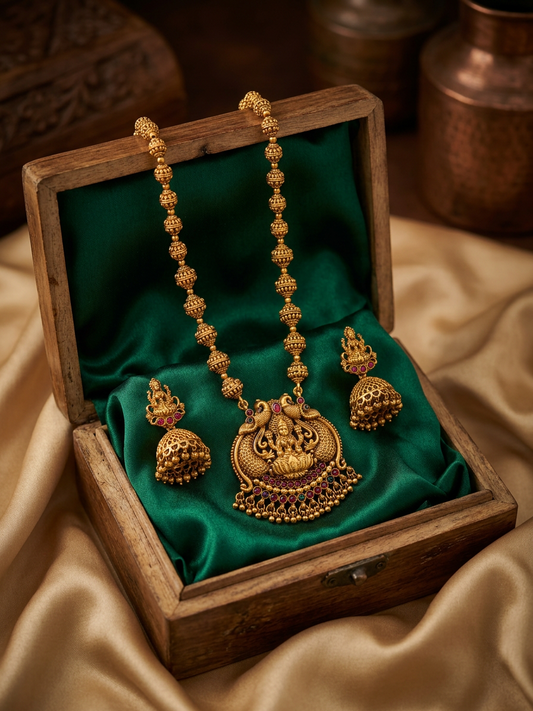 Antique Gold Peacock Lakshmi Pendant Haram & Jhumka Set