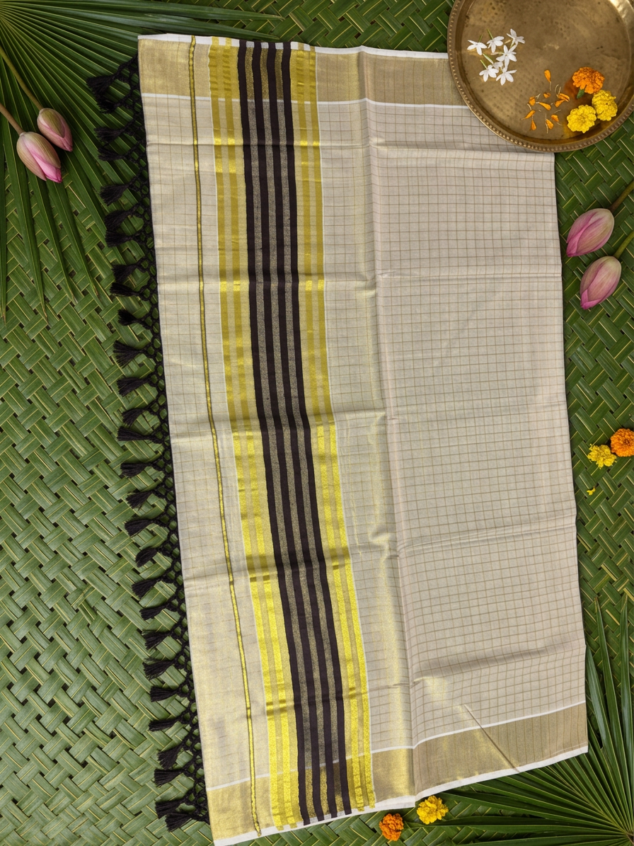 Devika Golden Check Tissue Saree with Bold Mocha & Gold Border