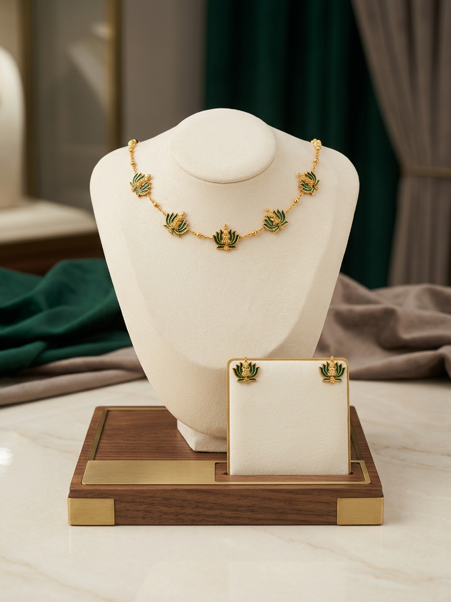 Minimalist Gold Enamel Lotus Necklace Set