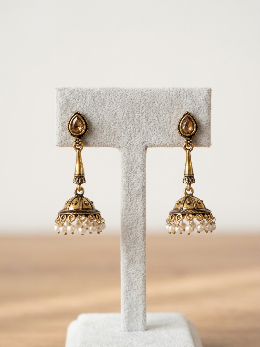Teardrop Stone Antique Gold Pearl Jhumka Earrings