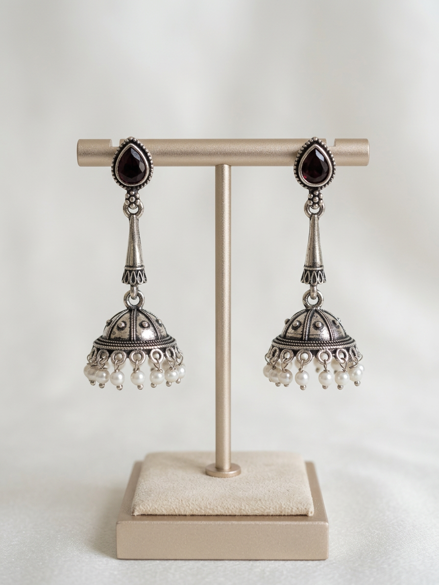 Teardrop Stone Oxidised Silver Pearl Jhumka Earrings