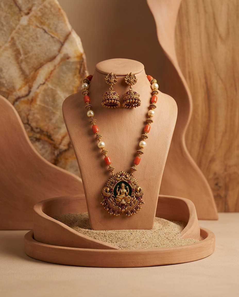 Regal Coral & Pearl Antique Gold Lakshmi Haram Set