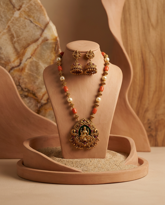 Regal Coral & Pearl Antique Gold Lakshmi Haram Set