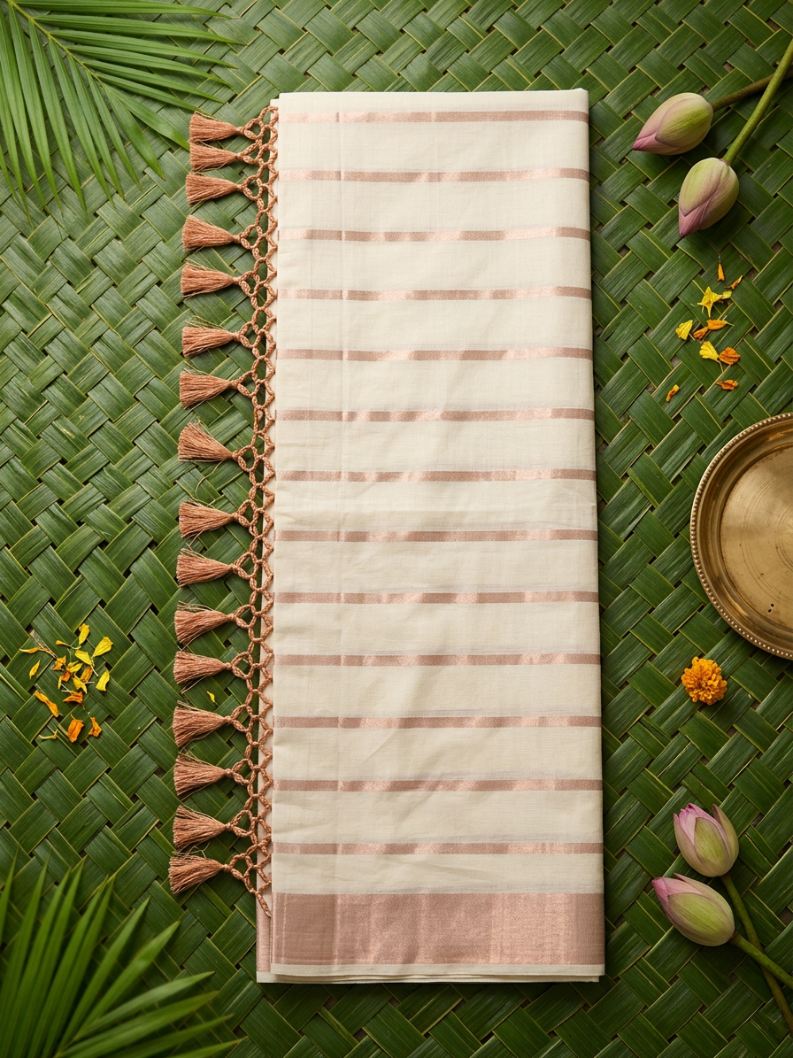 Kaira Rose Gold & Ivory Striped Tissue Saree with Macrame Tassels