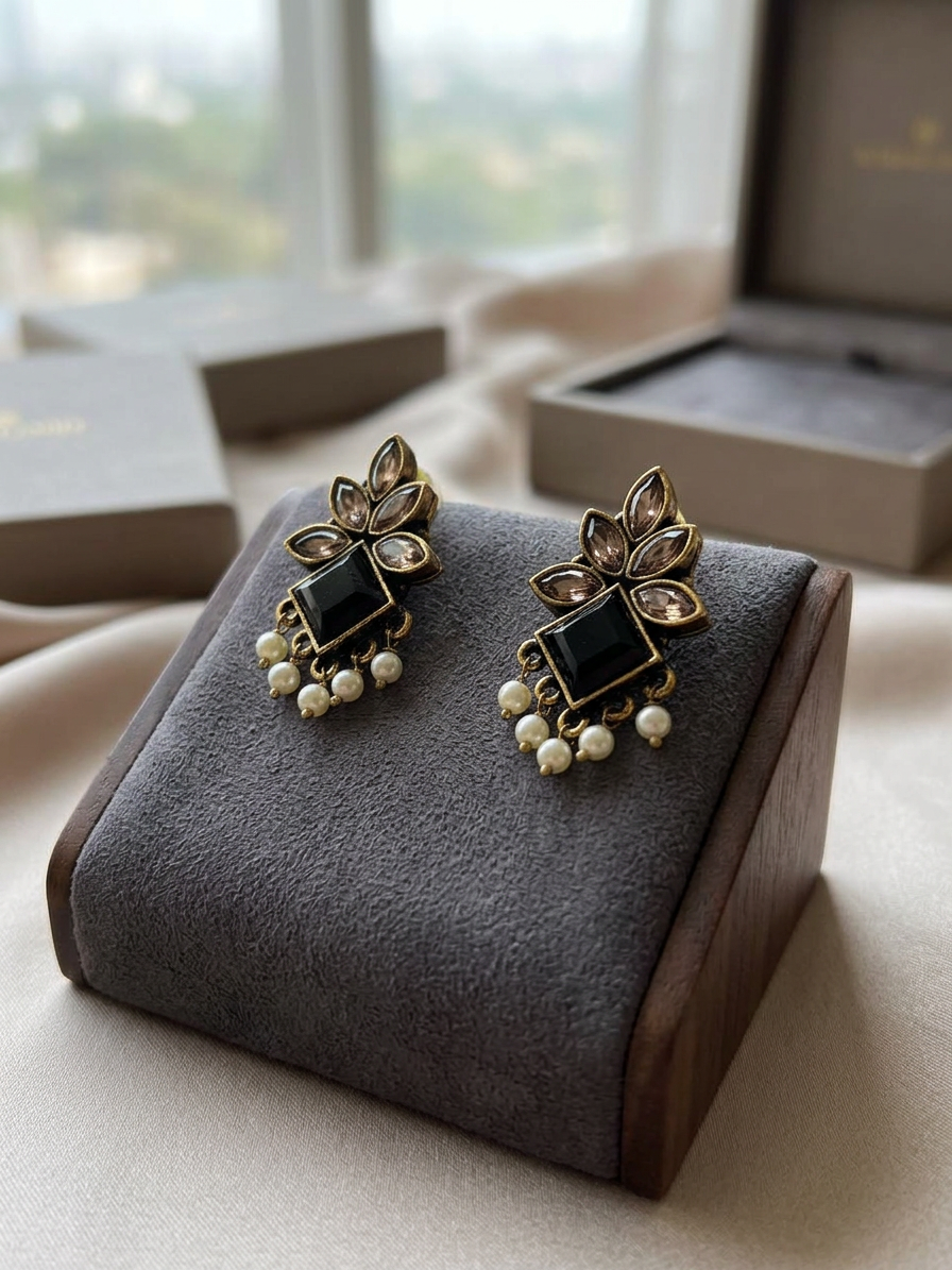 Geometric Diamond Stone & Pearl Antique Stud Earrings