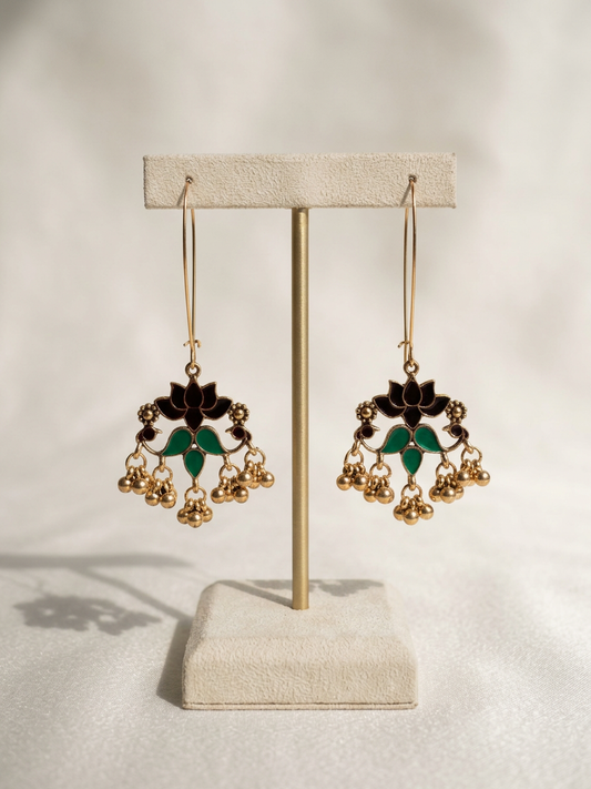 Lotus Meenakari Gold Wire Drop Earrings