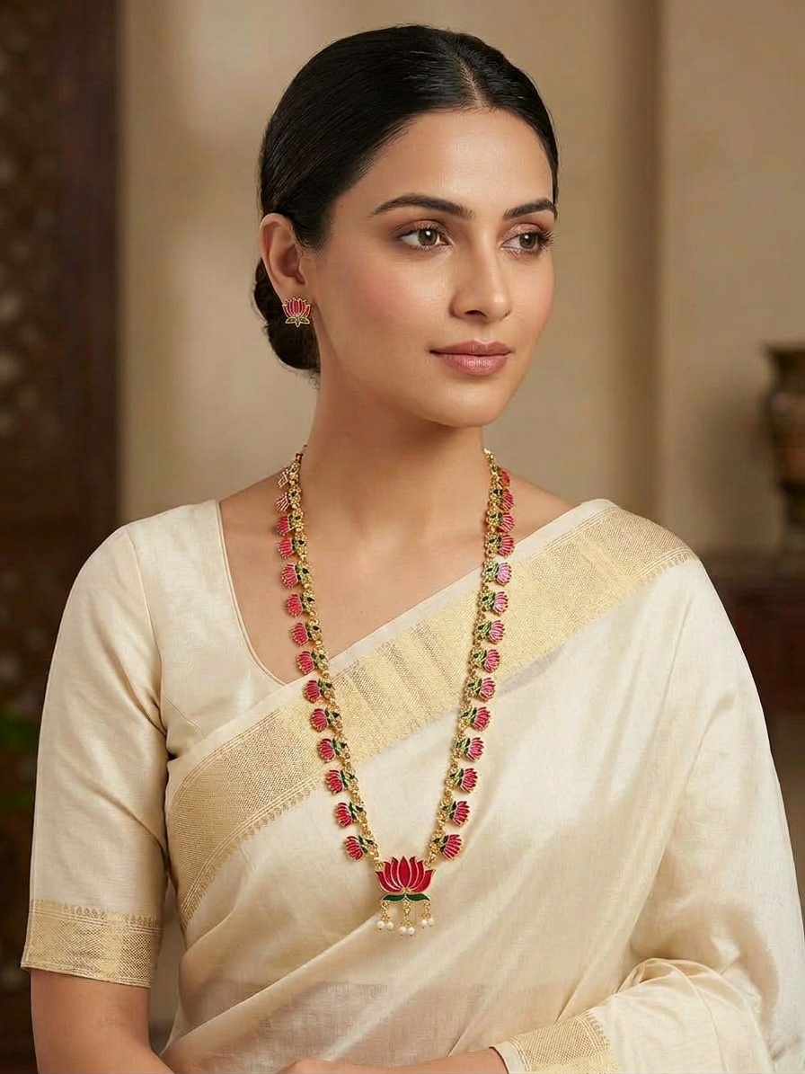 Gold Enamel Lotus Long Haram & Earring Set
