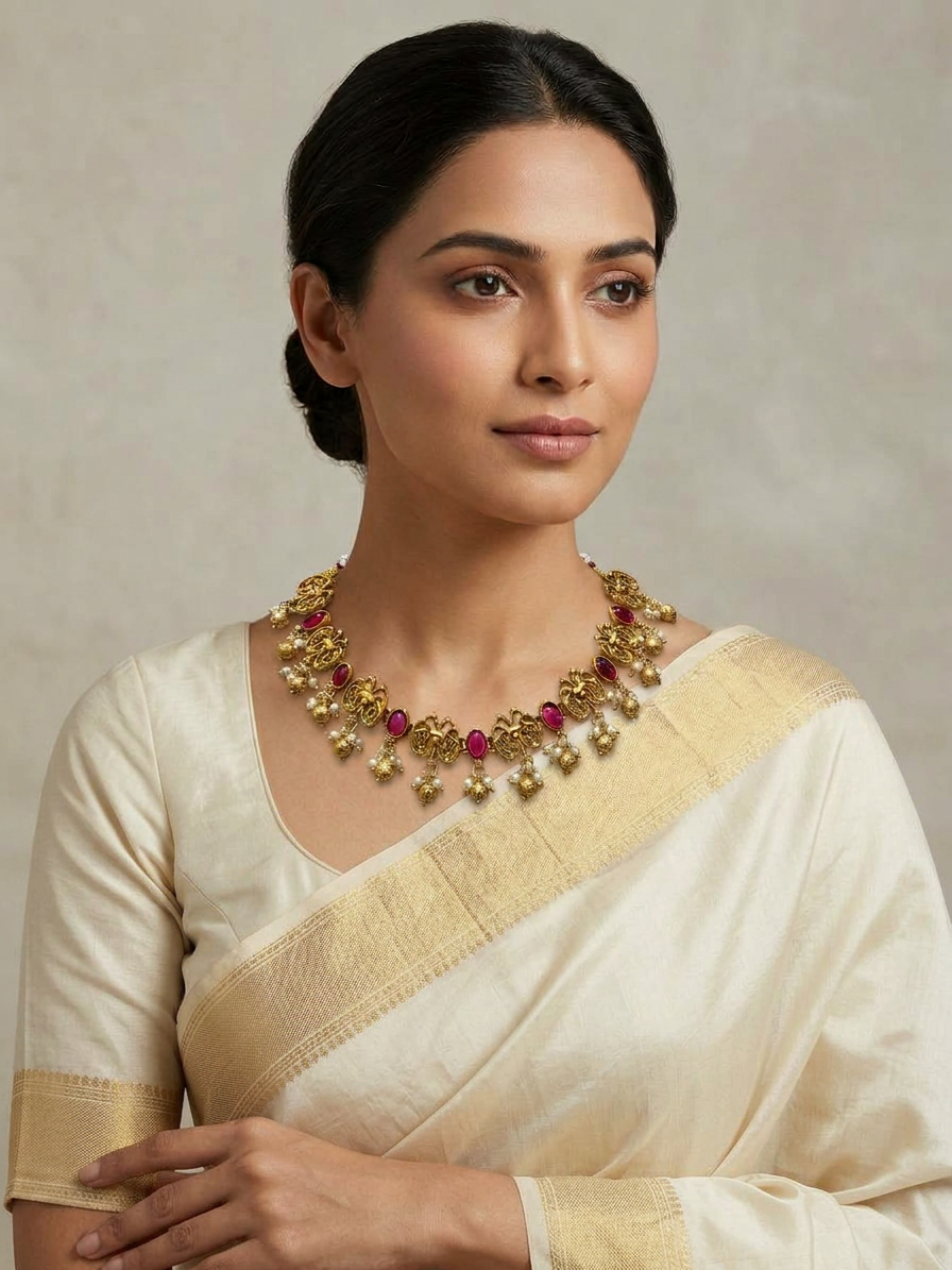 Antique Gold Oval Gemstone & Pearl Motif Choker Set
