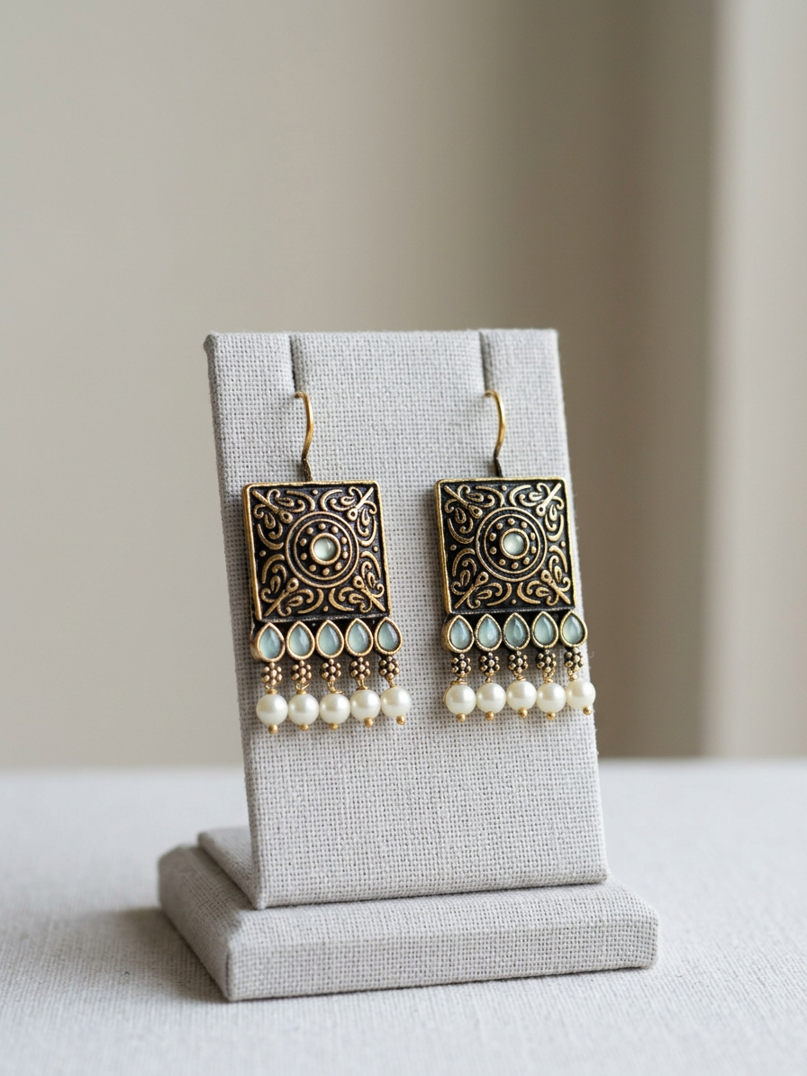 Square Carved Antique Stone & Pearl Wire Earrings