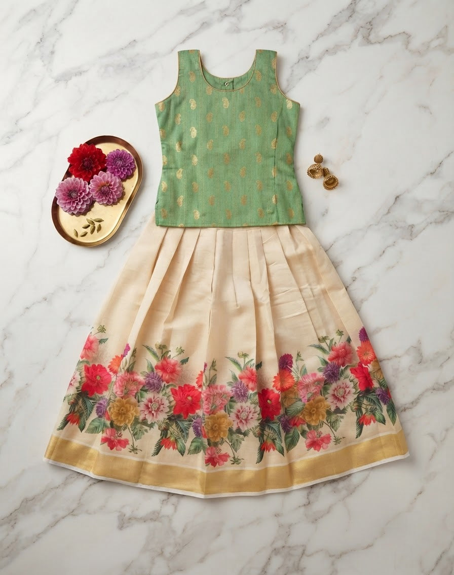 Kerala Blossom Pattu Pavada Set