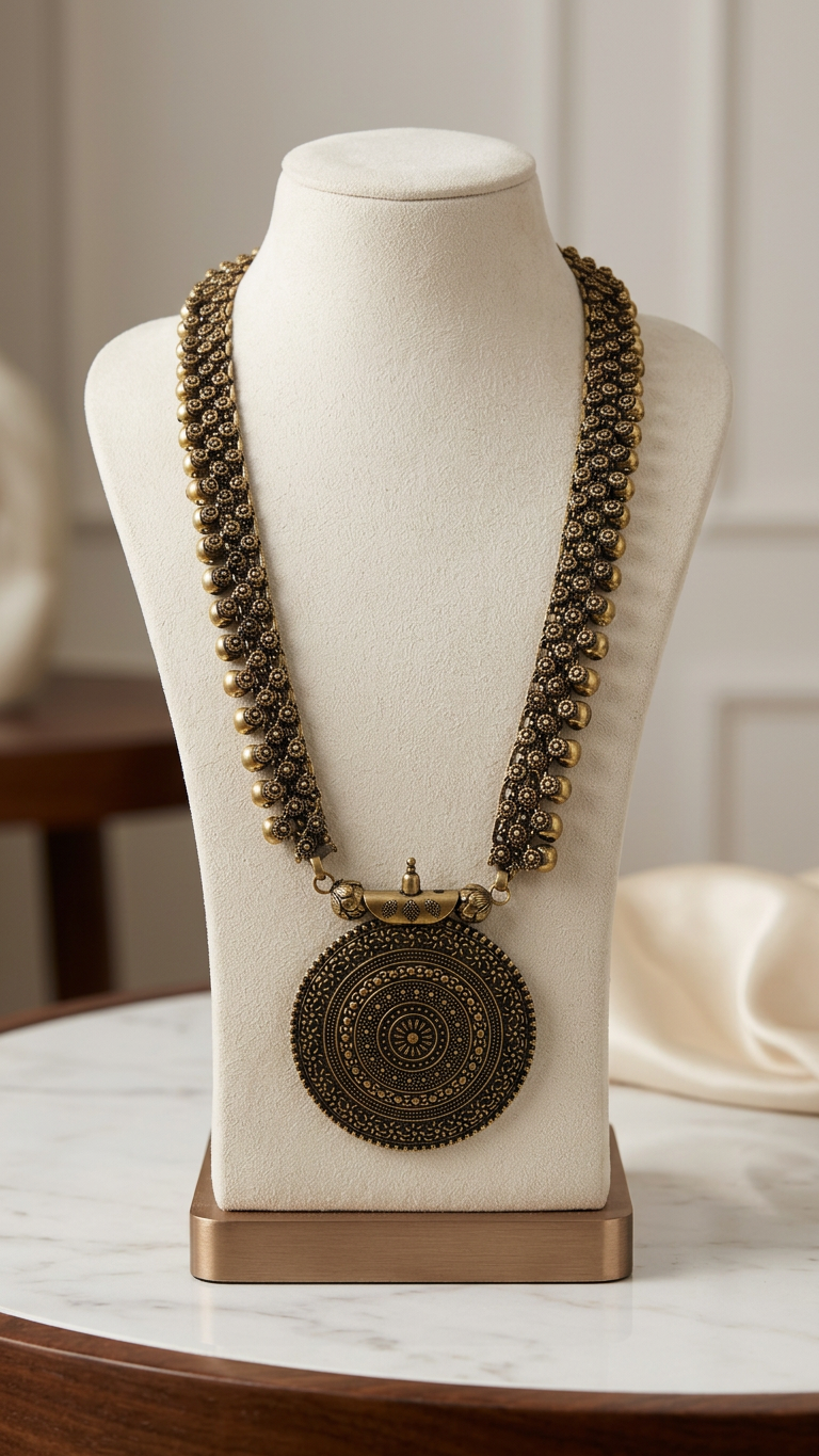 Antique Brass Mandala Medallion Long Haaram with Ghungroo Chain