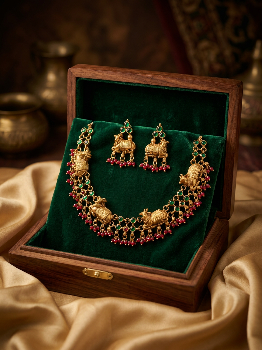 Antique Gold Cow Motif Temple Necklace Set