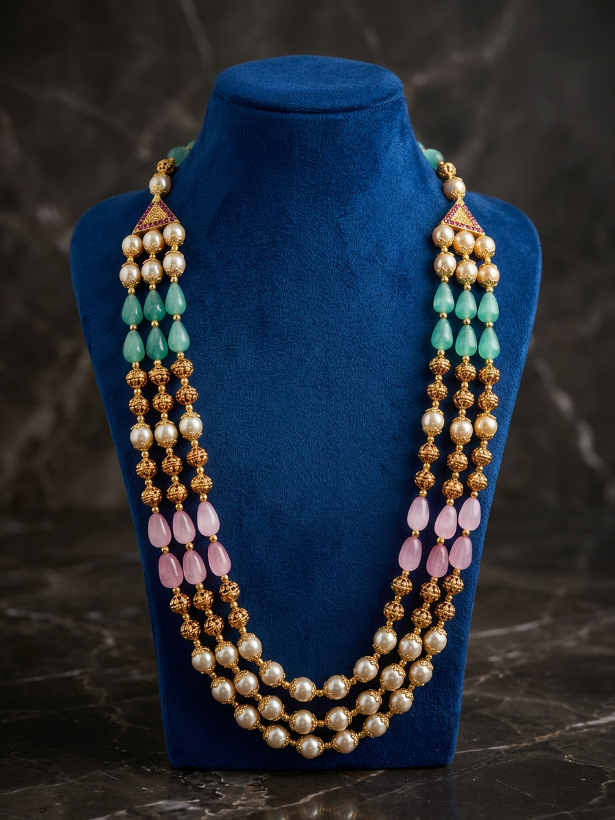 Imperial Multi-Strand Pastel Gemstone & Pearl Layered Haram