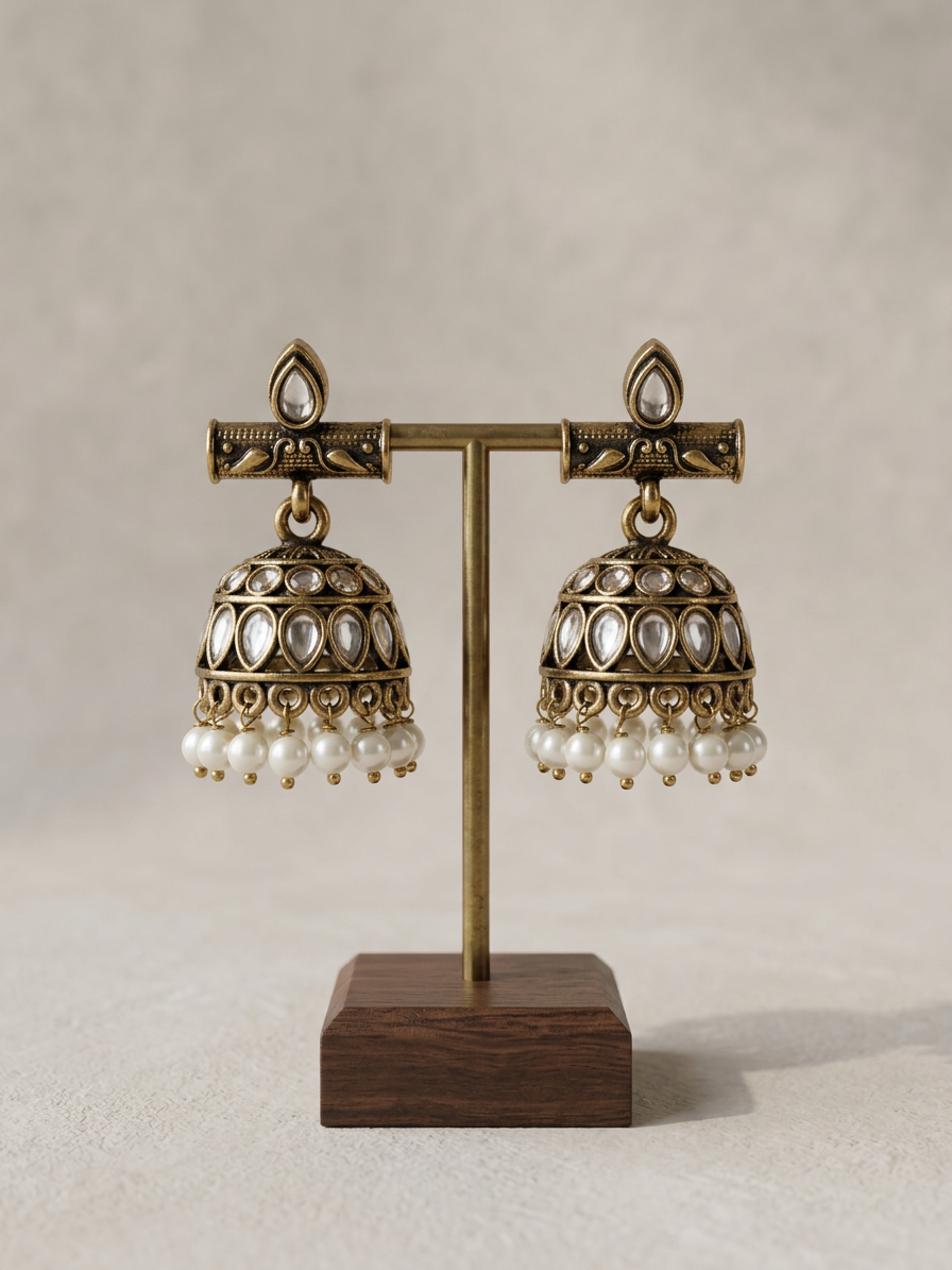 Aarohi Antique Gold Kemp Stone Jhumkas with Pearl Drops